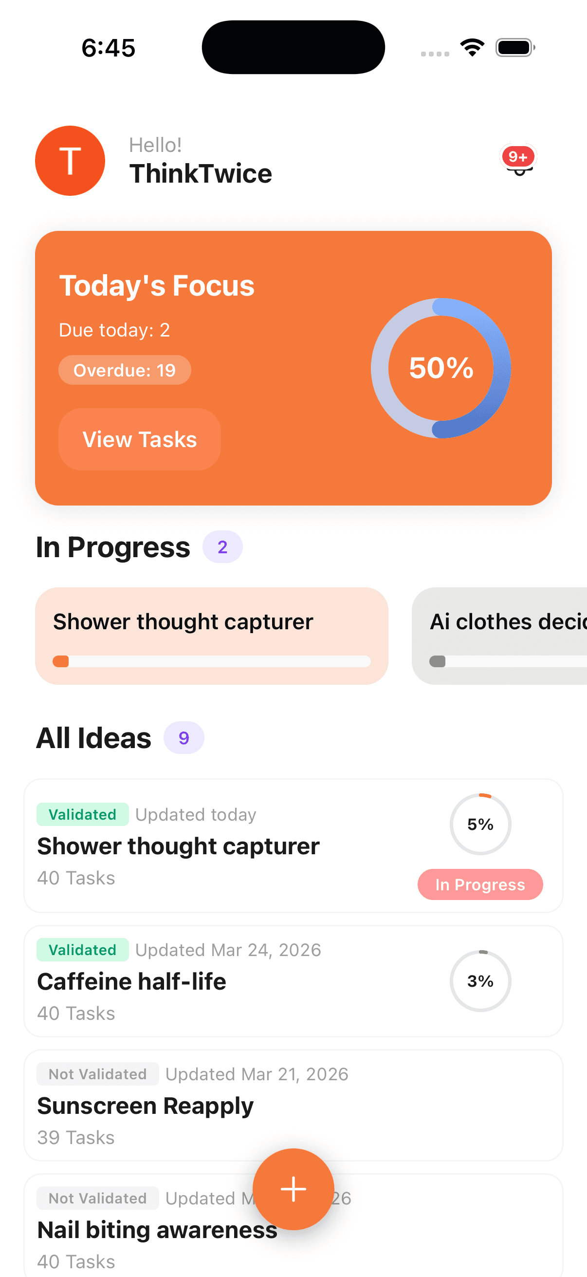Dashboard screen — startup ideas overview