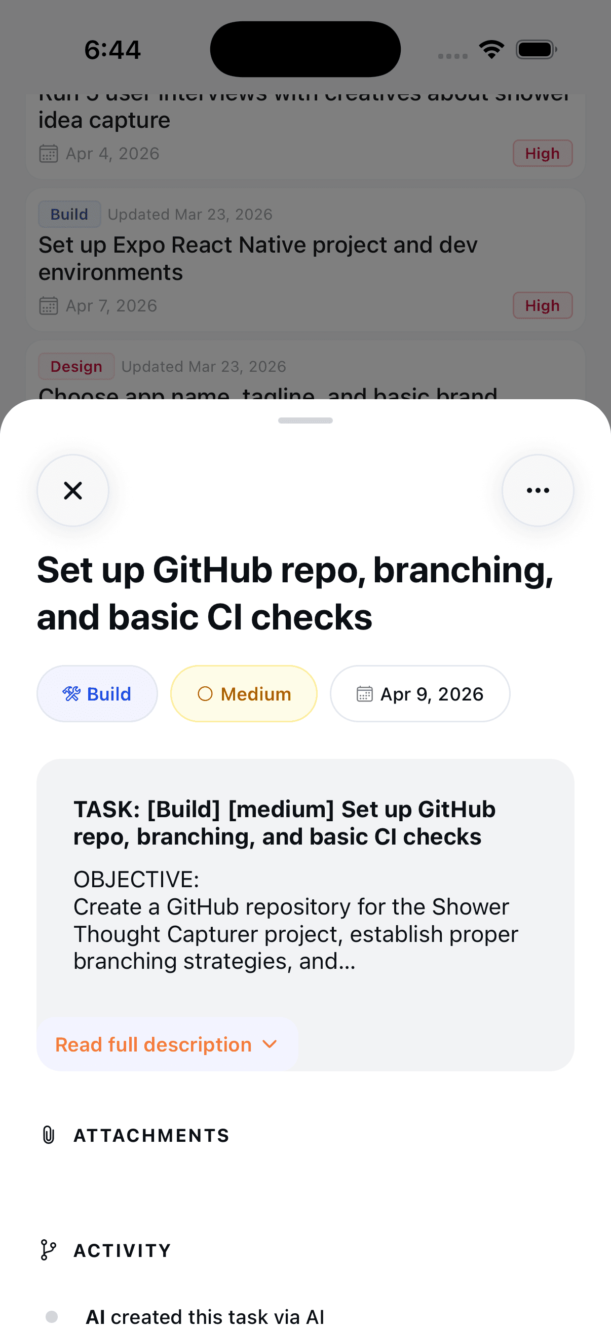 Tasks screen — roadmap and action items